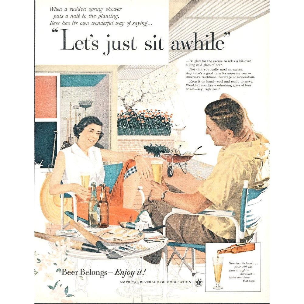 1956 Beer Belongs Vintage Print Ad Back Yard Patio Rain Storm Gardening Drawing